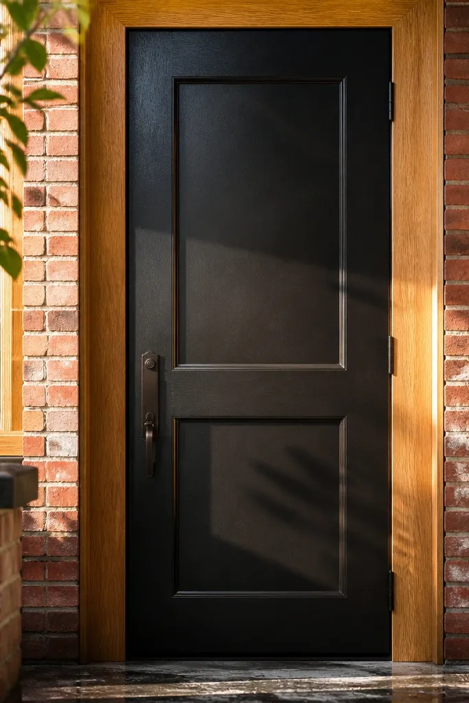 Black door with shaker panels and warm oak trim around the frame