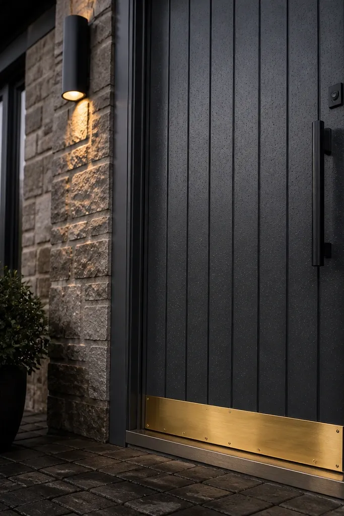 Charcoal vertical slat door with a small brass kick plate at the bottom
