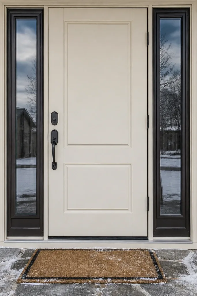 Warm white door with narrow tall glass panels and sidelights