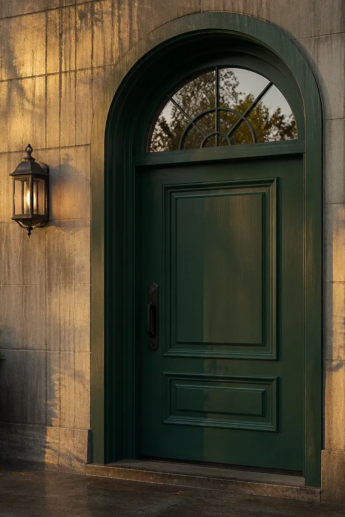 Deep green door with an arched glass lite near the top