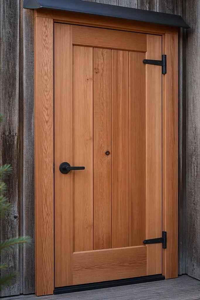Natural cedar door with clear finish and matte black hardware