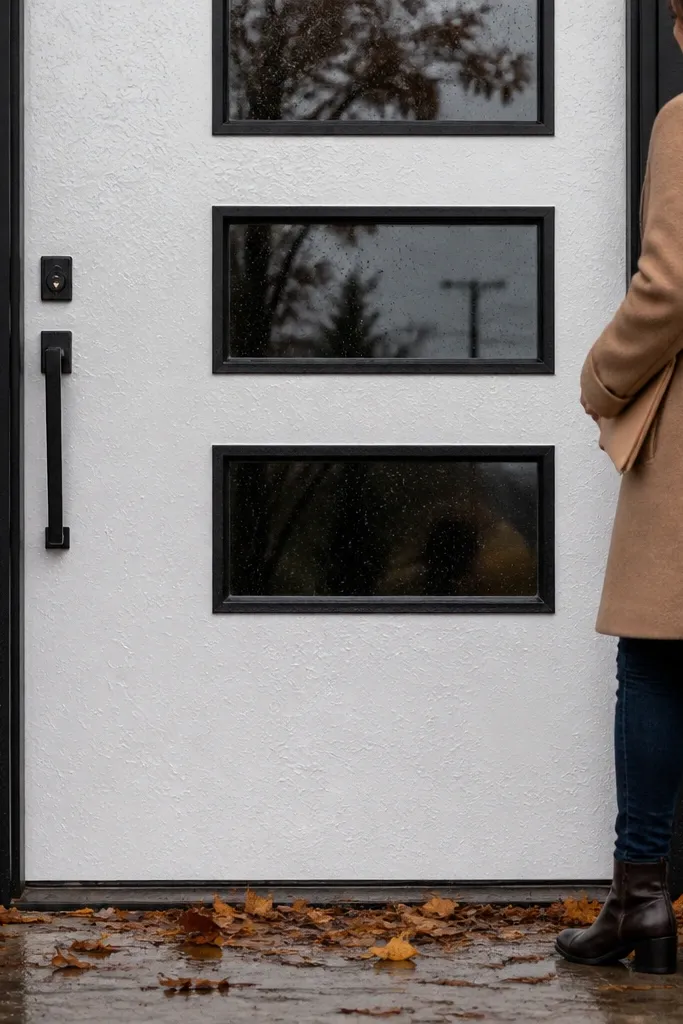 Textured white door with two rectangular glass panels