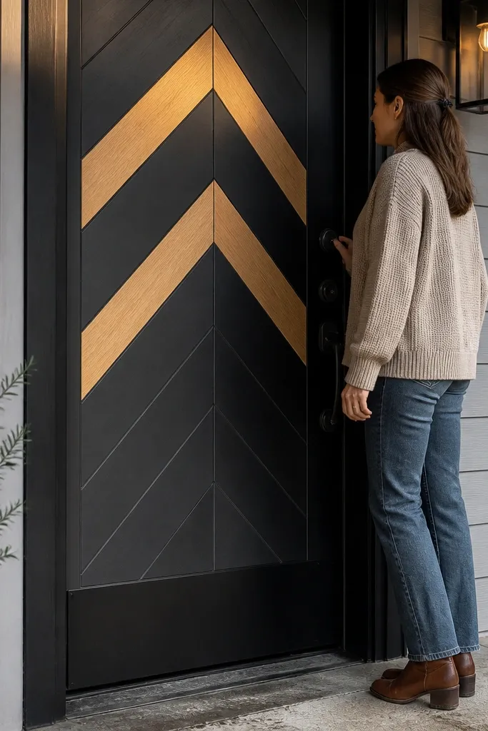 Matte black door with chevron panel inlay pattern near the middle