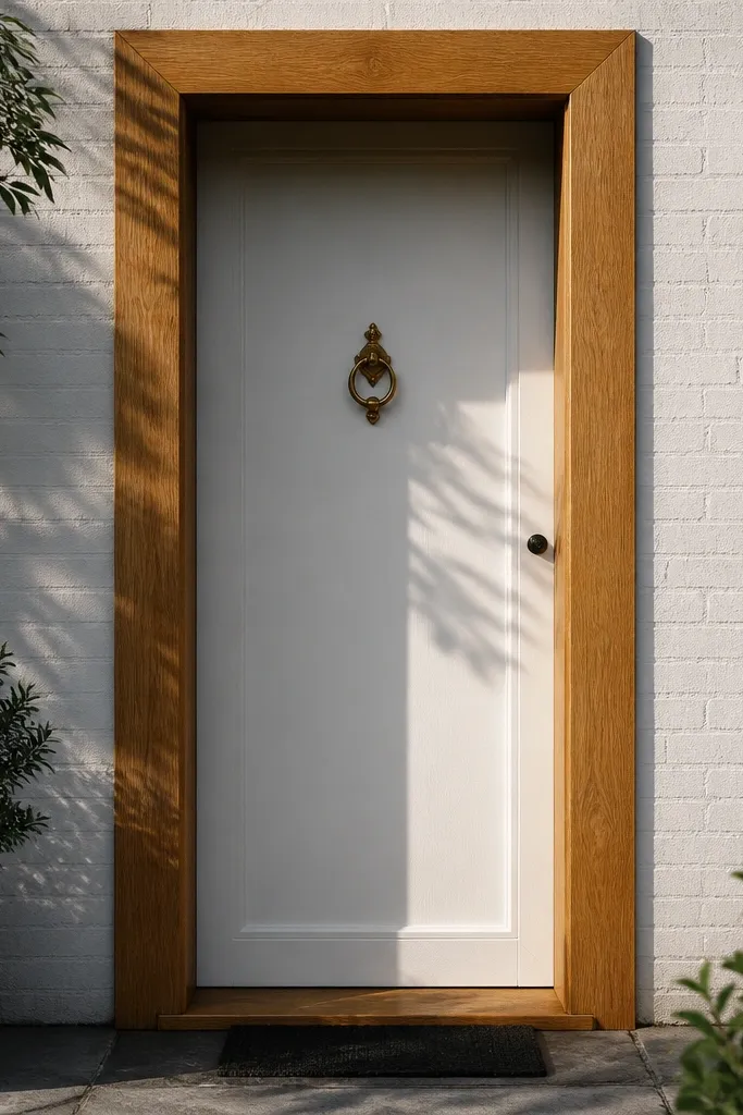 White door center slab framed by oak trim