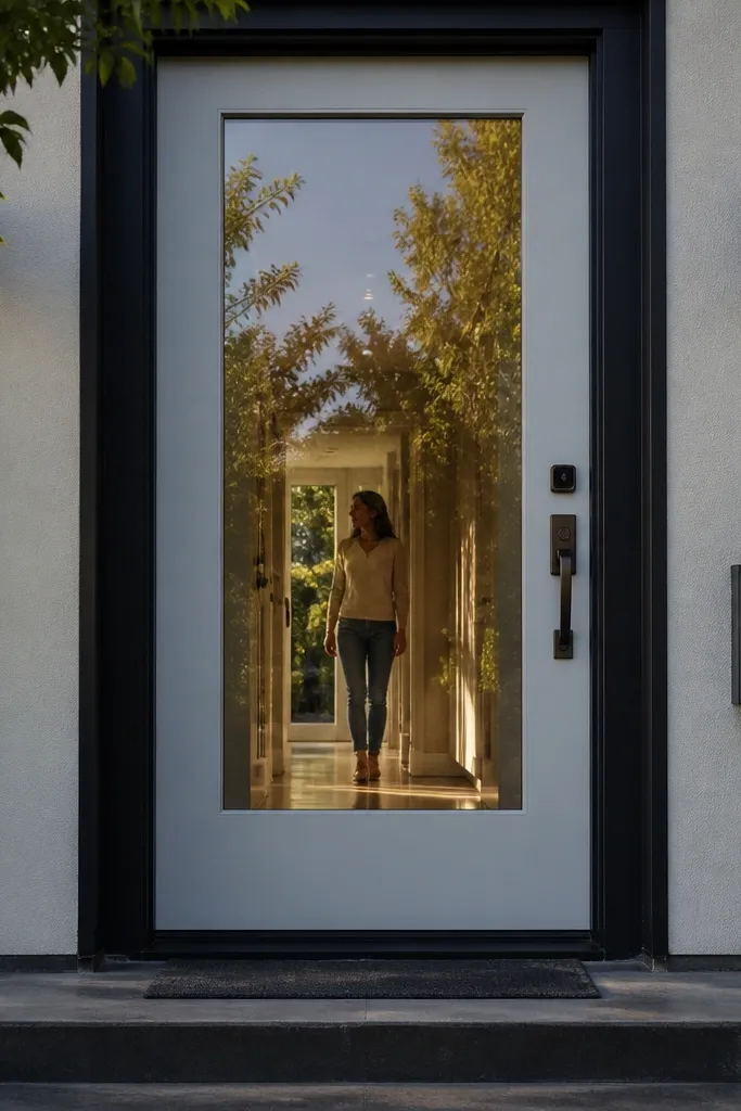 Pale gray door with a large black-framed rectangular glass panel
