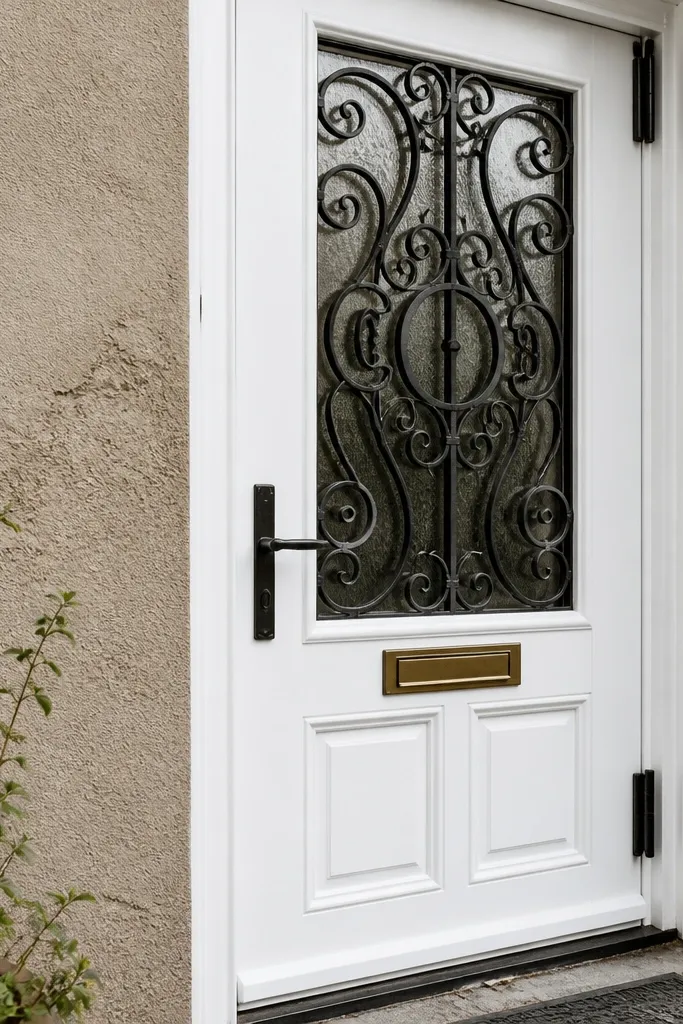 White door with black wrought iron scrollwork insert near the middle