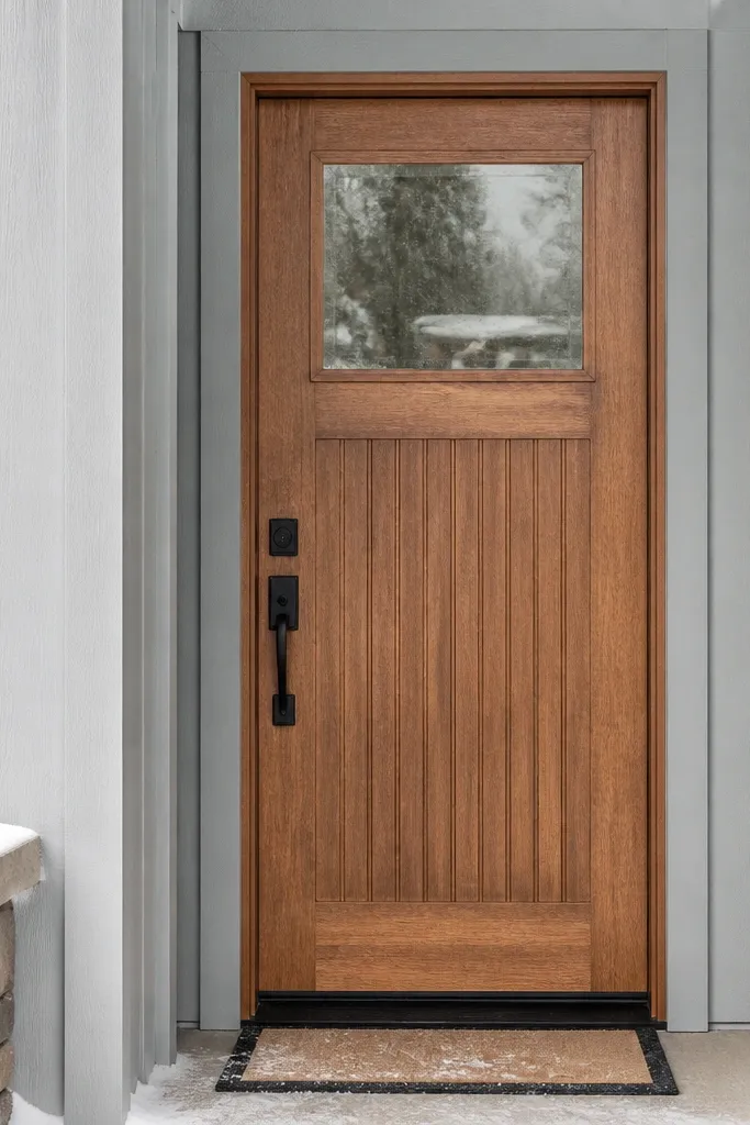 Natural wood door with a vertical tongue-and-groove accent panel