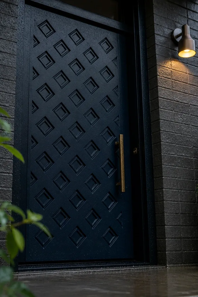 Navy door with geometric diamond inset panels