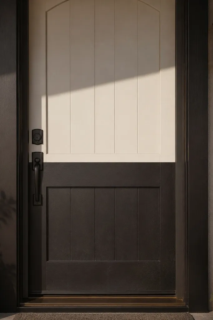 Two-tone door with dark lower panel and light upper panel