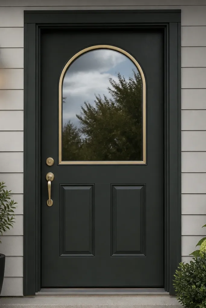 Solid door with a half-round glass window and brass trim