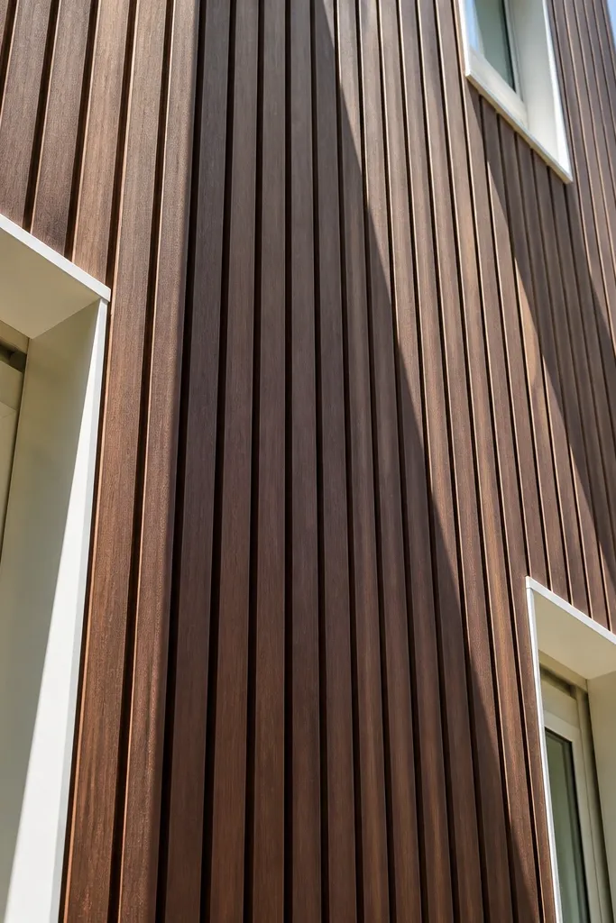 Dark vertical slats with a light trim border and clean shadow gaps