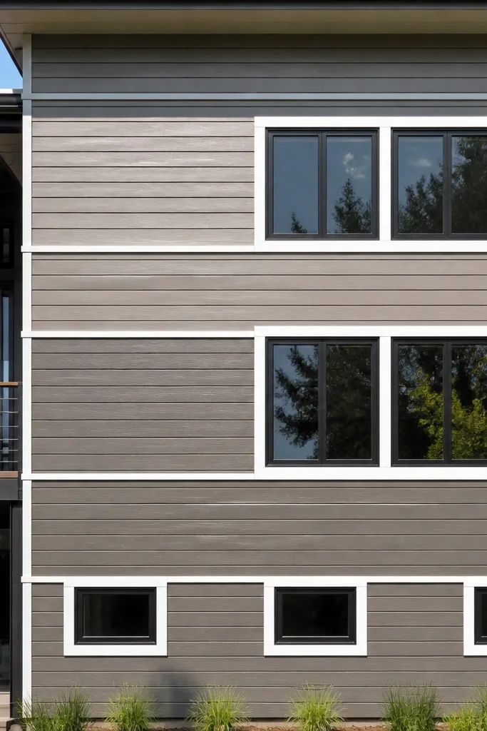 Light facade with dark horizontal bands and boxed-in window trim lines