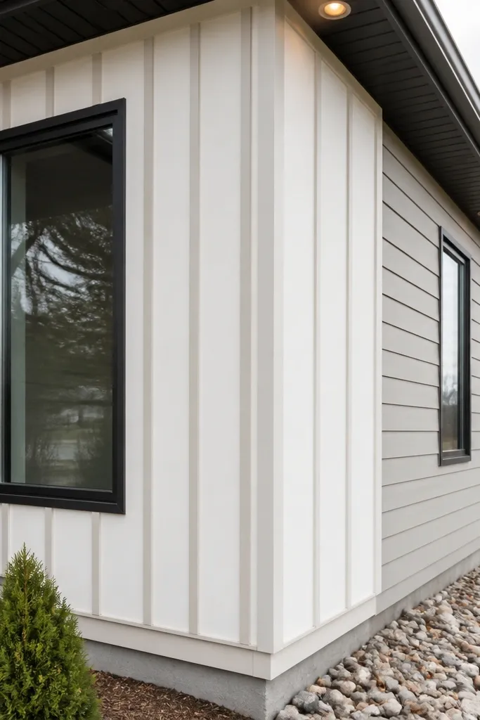 Gray facade with alternating wide boards and narrow battens creating bold vertical lines