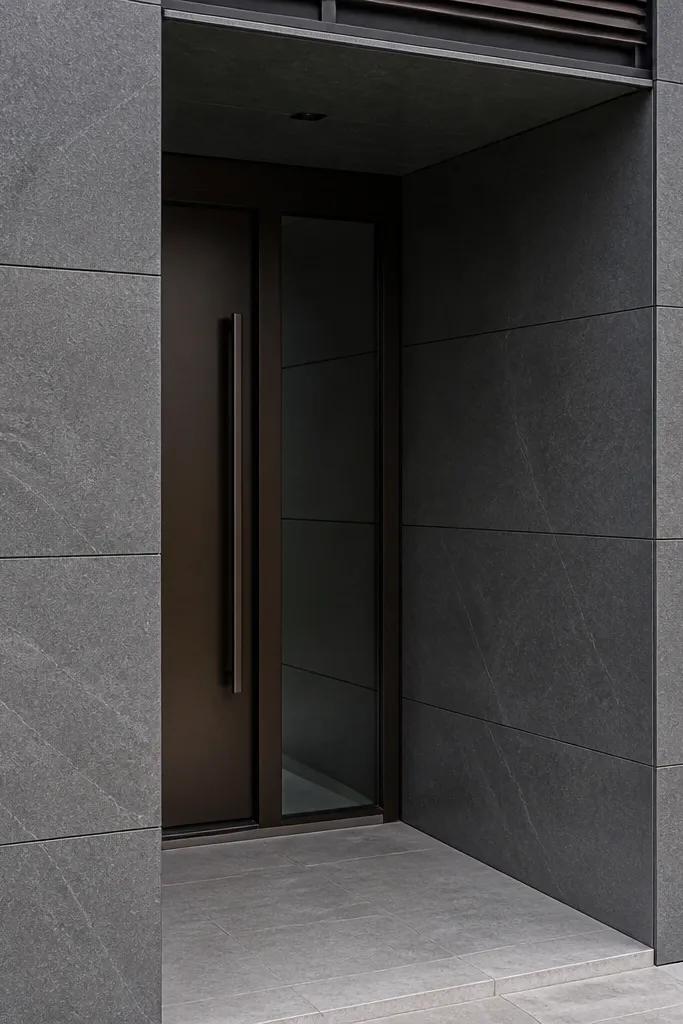 Matte stone-look porcelain facade panels with straight grout lines and clean corners