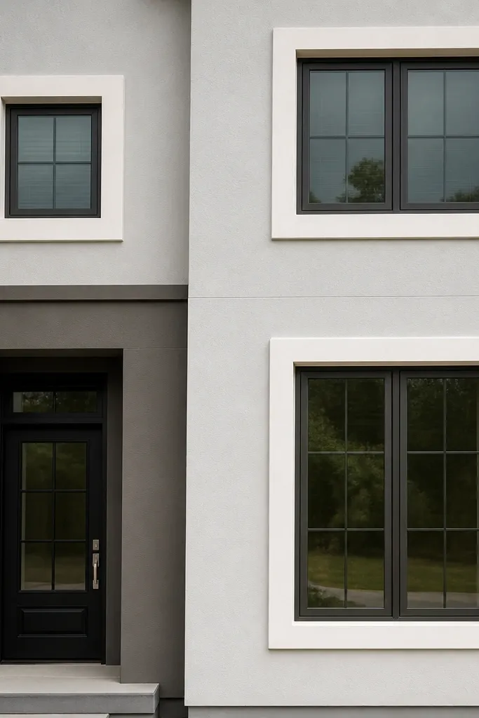 White foam trim window frames with sharp corners on a darker gray facade