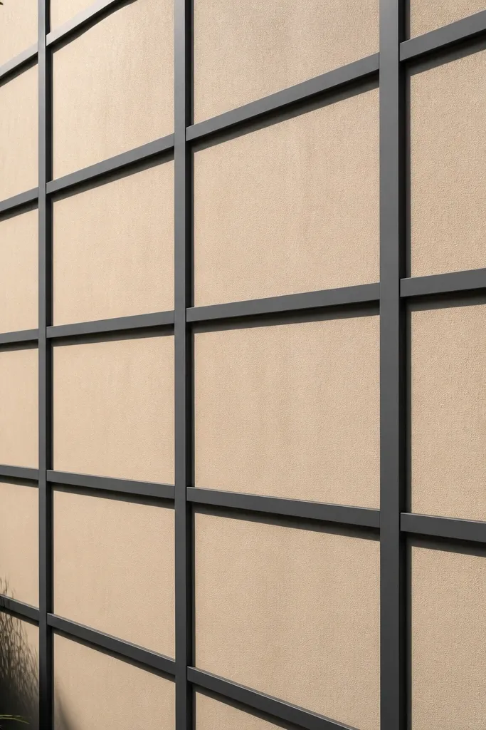 Black metal grid accents over a light facade with straight lines and shadow depth