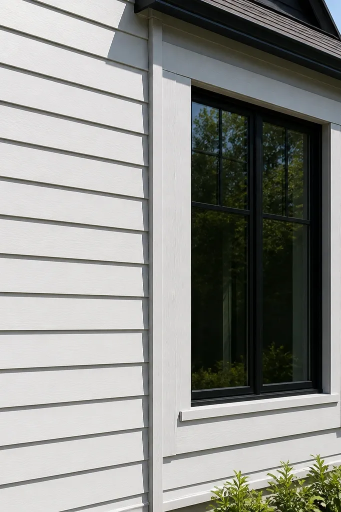 White shiplap with a thin dark shadow gap and black window trim