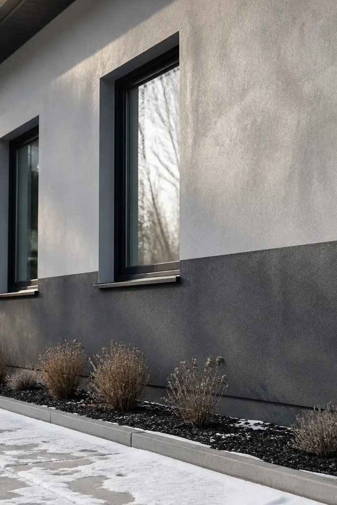 Concrete-look textured facade with a darker horizontal band framing windows