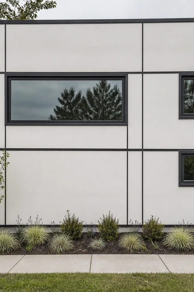 Painted exterior plywood facade grid with sealed edges and dark trim around openings