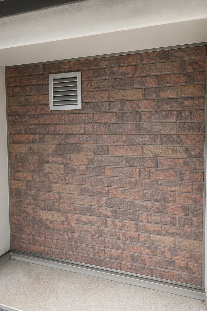 Brick-look panels in a matte finish with modern trim framing a facade section