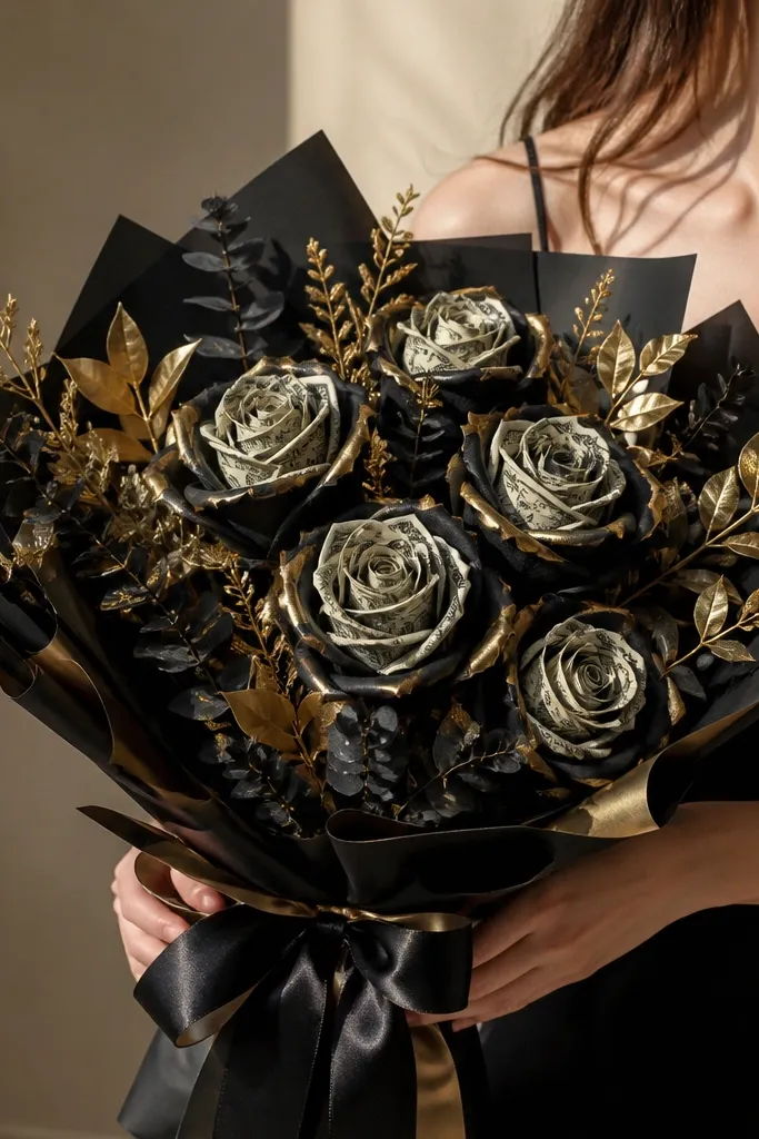 Black and gold money roses with dark ribbon and faux gold greenery