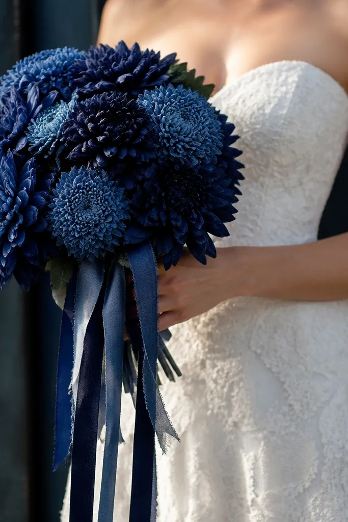 Navy and denim blue money dahlias with layered ribbon tails