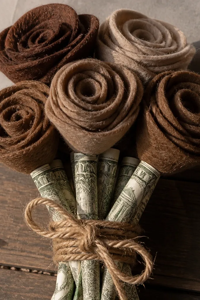 Mocha felt rosettes wrapped with rolled money and twine