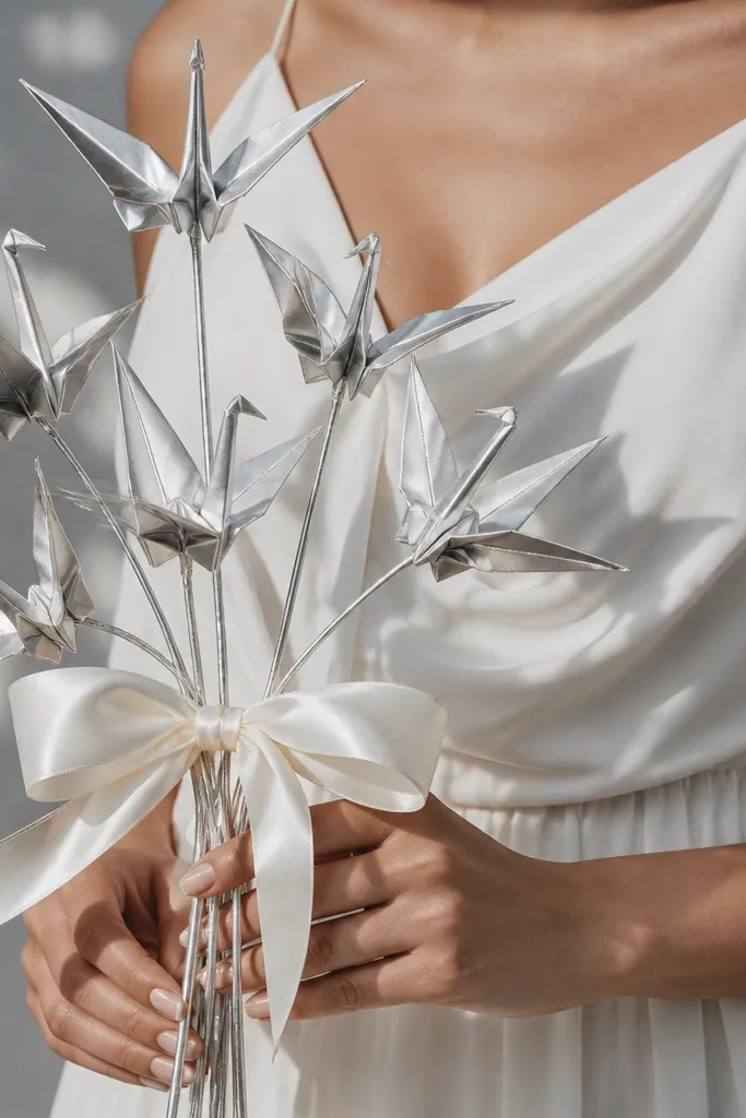 Silver-toned money cranes on stems with white ribbon