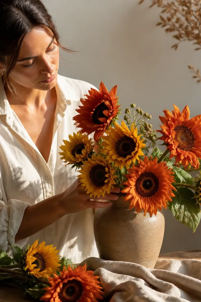 Terracotta and mustard money sunflowers with green stems