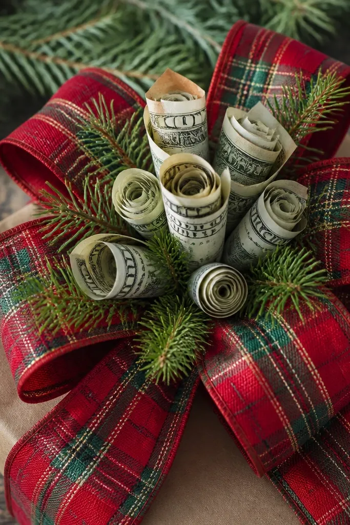 Red plaid ribbon bow with rolled money buds and evergreen sprigs