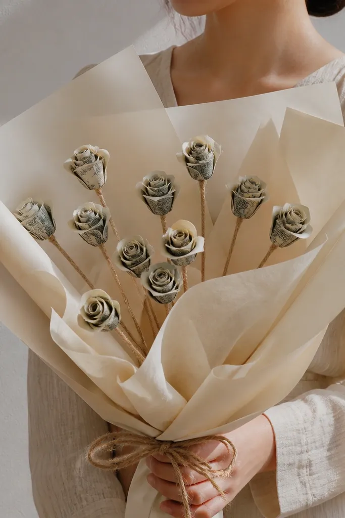 Cream wrapping with small rolled money blossoms and thin twine stems