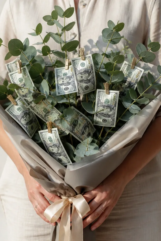 Green eucalyptus stems with clipped money bills and neutral ribbon wrap