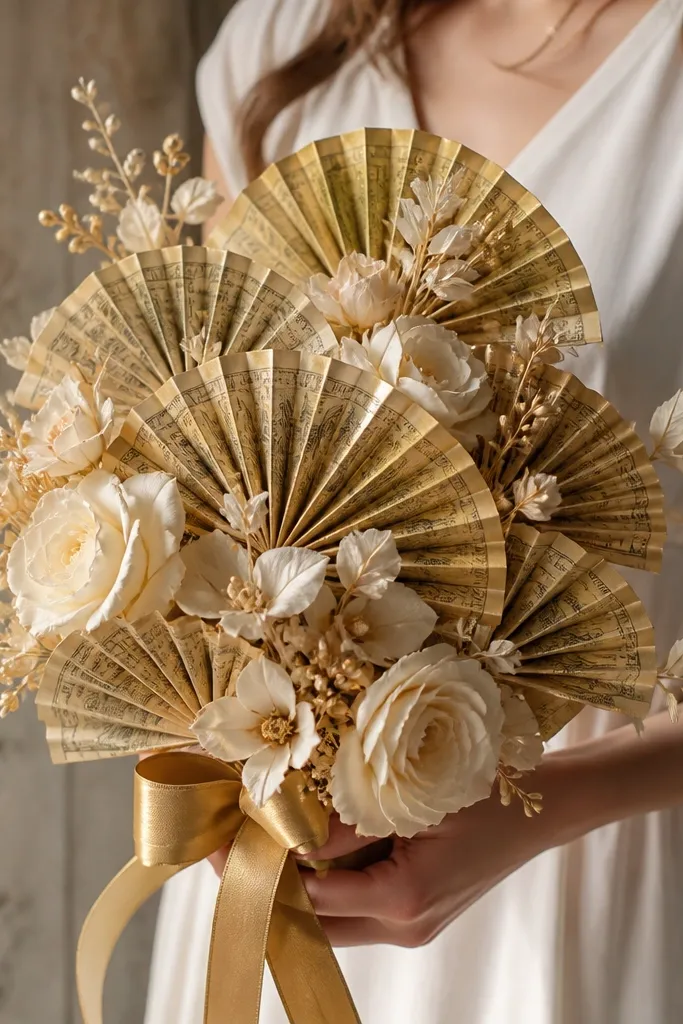 Gold accordion money fans with cream flowers and gold ribbon