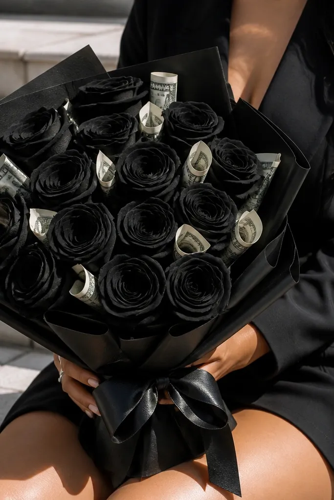 Black rose bouquet with rolled money accents and faux leather ribbon