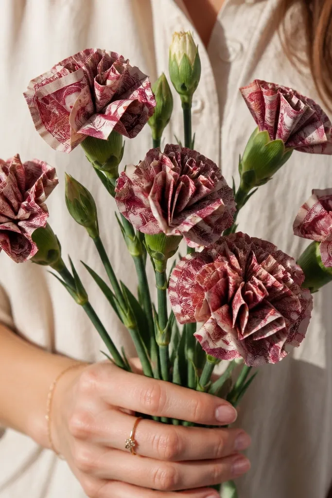 Burgundy carnation shapes made from rolled money and green stems