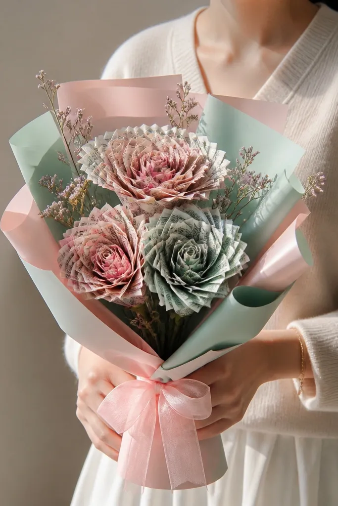 Pastel pink and mint money blossoms in a small trio bouquet