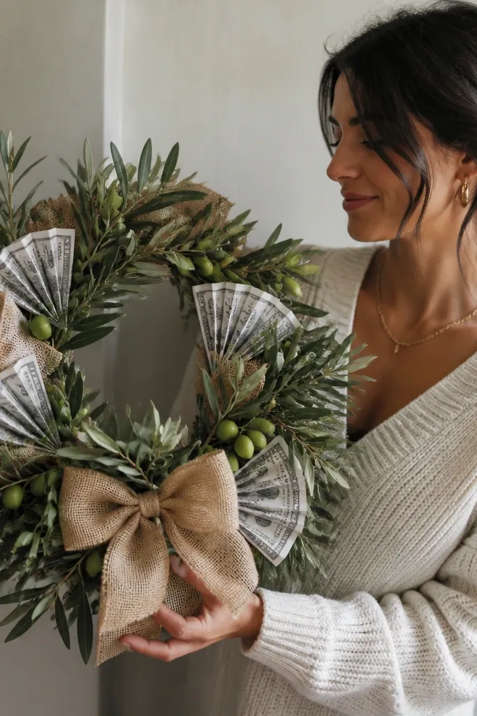 Olive green wreath bouquet with money fan pieces and neutral burlap