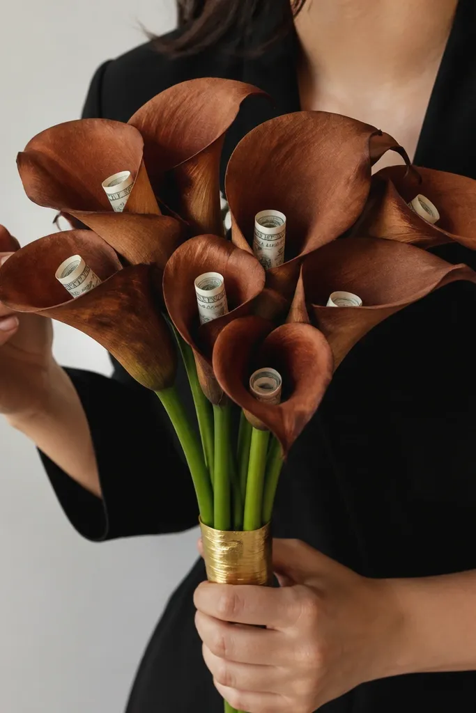 Brown calla lily shapes with rolled money inside and gold stem tape