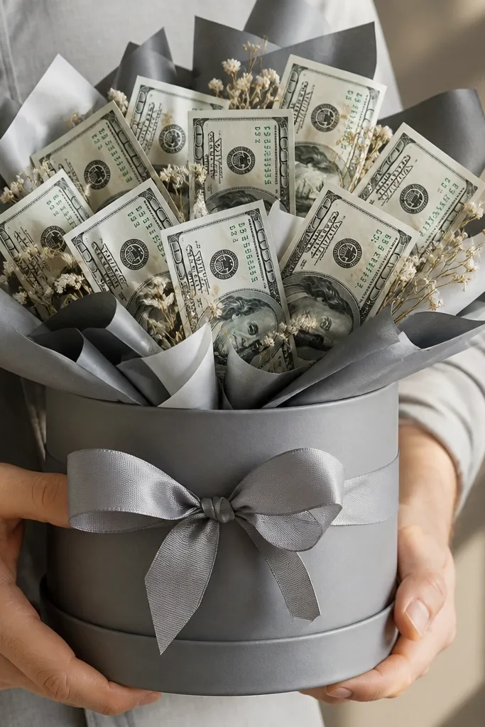 Grey bouquet container with money folded into crisp rectangles and grey ribbon