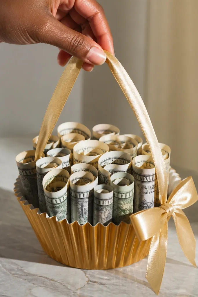 Gold cupcake liners holding rolled money pieces with ribbon handle