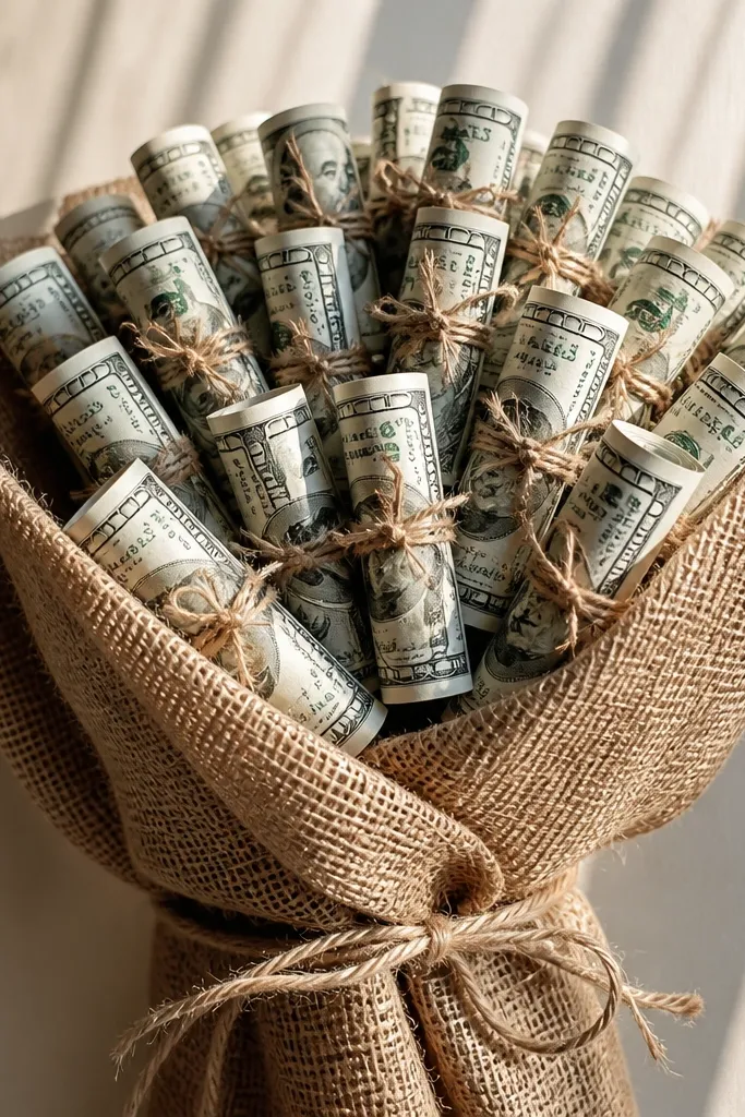 Tan burlap wrapping with rolled money bundles tied with twine