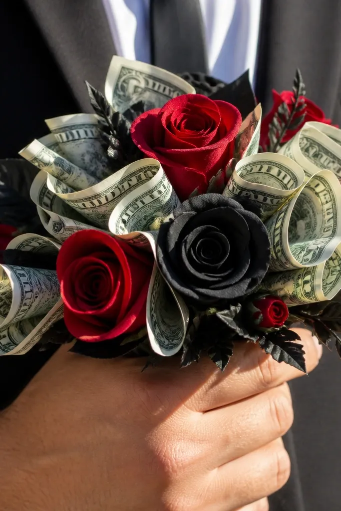 Red and black money roses in a compact corsage-style bouquet