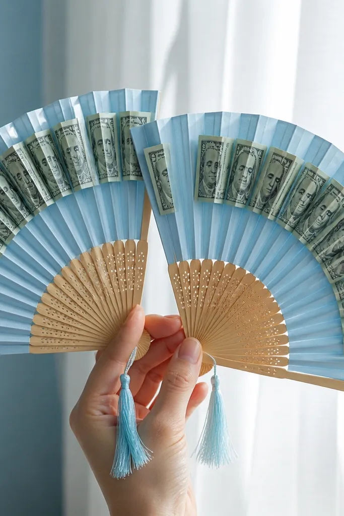 Sky blue ribbon fans with money bills folded into neat rectangles