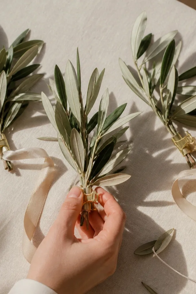 Olive twig stems with cream ribbon and small money clips