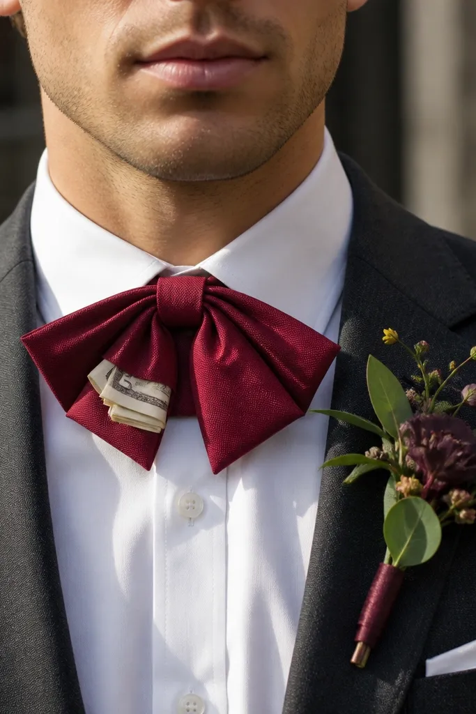 Maroon bowtie ribbon with money tucked into layered knot shapes