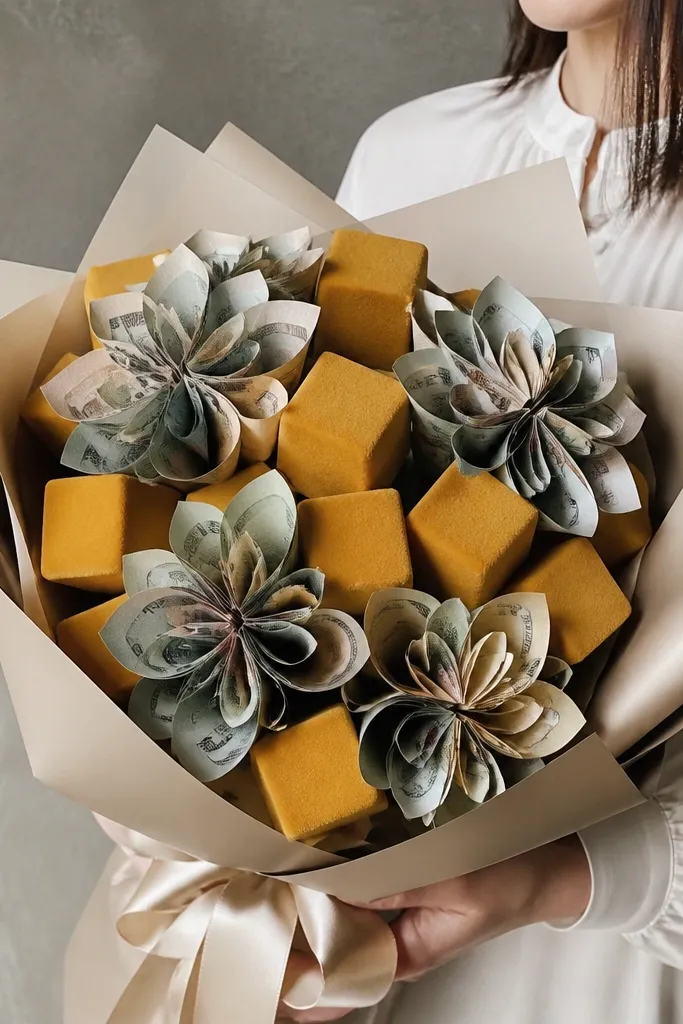 Mustard cube bouquet with layered money paper flowers and neutral wrap