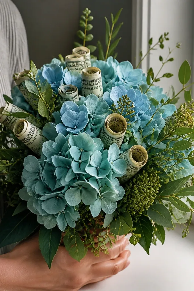 Teal hydrangea-style cluster with small rolled money balls and greenery