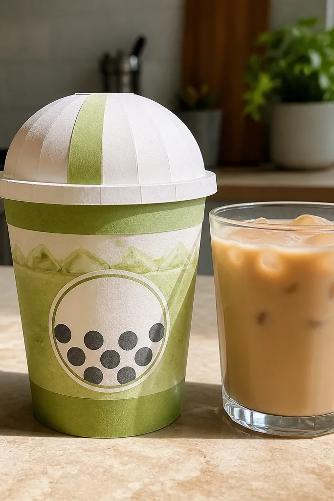 Green matcha bubble cup with black pearls and cream highlight bands