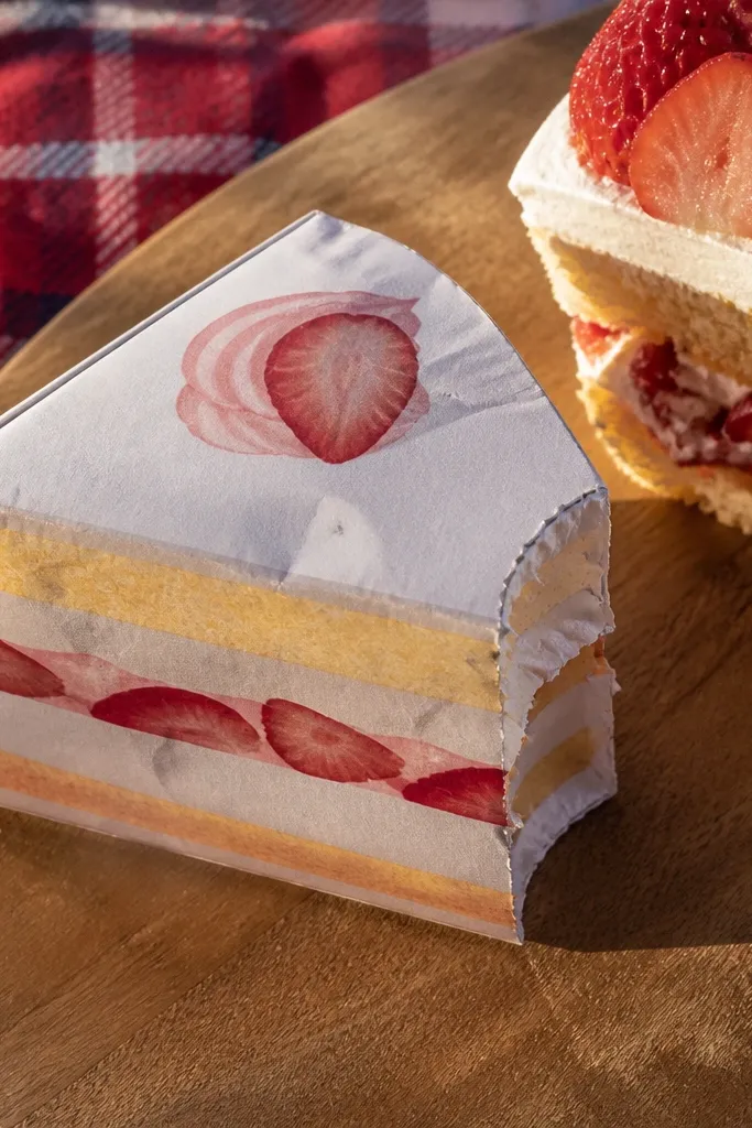 Pink strawberry shortcake slice with white cream layers and yellow sponge top