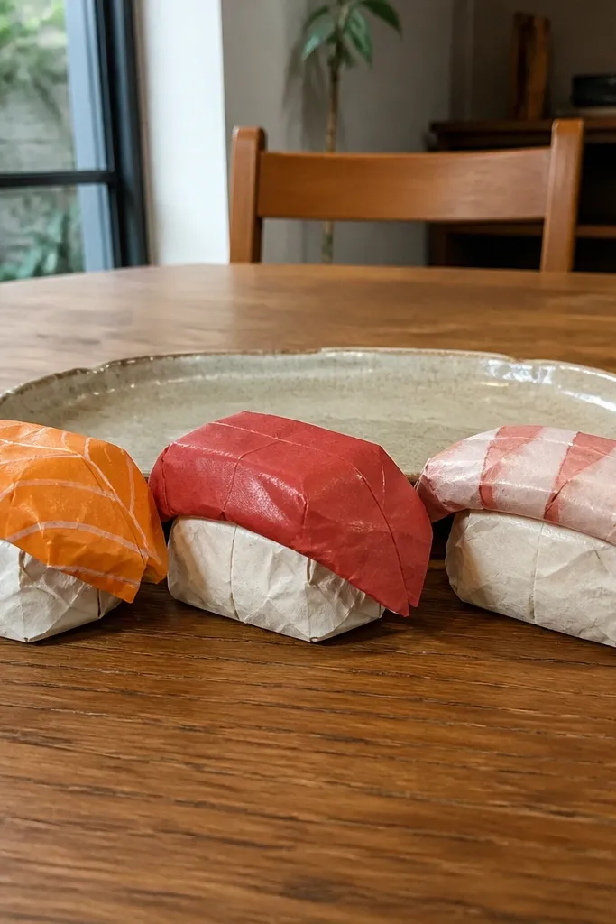 Three nigiri pieces with salmon, tuna, and shrimp colors on a soft rice base